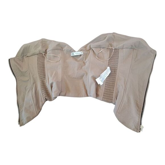 ZARA TOPSTITCHED BUSTIER Zip Front Khaki Cotton Blend Women's S Taupe Corset - Picture 7 of 15
